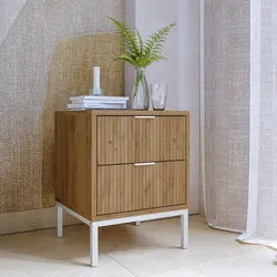 Comodino 40x52h cm rovere chiaro cannettato con 2 cassetti e piedi in metallo bianco - Acosta