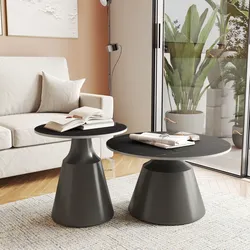 Set 2 tavolini tondi 50 e 70 cm in ceramica nero portoro e base grigio - Mikado