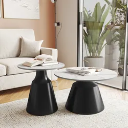 Set 2 tavolini tondi 50 e 70 cm in ceramica grigio chiaro e base nero - Mikado