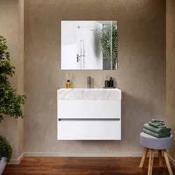 Mobile bagno sospeso 80 cm bianco opaco e lavabo effetto marmo bianco con specchio - Jalama