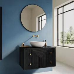 Mobile bagno portalavabo 90 cm 2 cassetti in legno di mango effetto cannettato nero - Dunkel