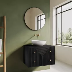 Mobile bagno portalavabo 70 cm con cassetti in legno di mango effetto cannettato nero - Dunkel