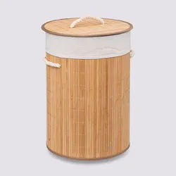 Cesto portabiancheria 48 L rotondo in legno bambù naturale estraibile - Bambux