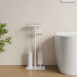 Piantana portascopino con mensola porta cellulare e riserva bianco opaco e bambù - Divall