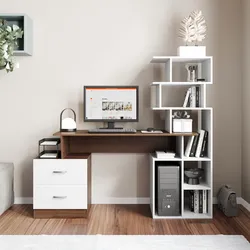 Scrivania 150x50 cm noce scuro con cassettiera e libreria bianco - Berpa
