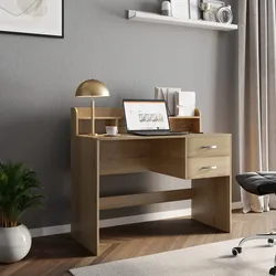 Scrivania 110x50 cm rovere ambra con mensola e 2 cassetti integrati - Rosmiel