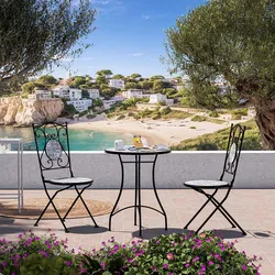 Set bistrot con tavolo rotondo 60 cm e 2 sedie in metallo nero e decoro mosaico - Otranto