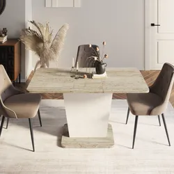 Tavolo allungabile 110-145x68 cm con top effetto travertino e base bianca - Superga