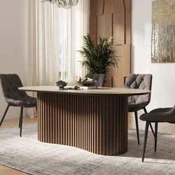 Tavolo da pranzo 200x100 cm con top effetto travertino e base cannettata rovere e nero - Dallas