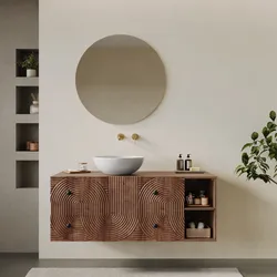 Mobile bagno portalavabo 120 cm 2 cassetti con vani a giorno in legno di mango effetto cannettato - Alisha