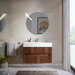 Mobile bagno sospeso 90 cm cannettato a due cassetti rovere deciso con lavabo integrato e specchio - Tayga