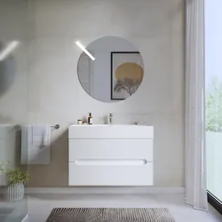 Mobile bagno sospeso 90 cm cannettato a due cassetti bianco opaco con lavabo e specchio - Tayga