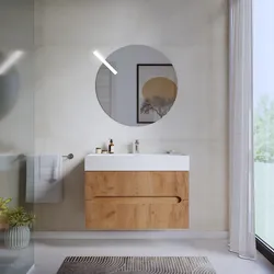 Mobile bagno sospeso 90 cm cannettato a due cassetti rovere gold con lavabo integrato e specchio - Tayga