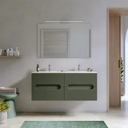 Mobile bagno sospeso 120 cm cannettato verde cemento con lavabo e specchio - Tayga