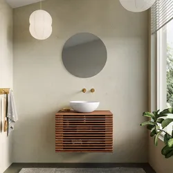 Mobile bagno portalavabo 70 cm con cassetti in legno di acacia e specchio - Karan