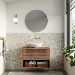 Mobile bagno portalavabo 80 cm con cassetto e vano a giorno in legno di acacia con specchio - Karan