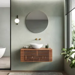 Mobile bagno portalavabo 90 cm con cassetto in legno di acacia e specchio - Karan