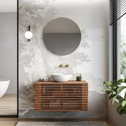 Mobile bagno portalavabo 90 cm con cassetti in legno di acacia e specchio - Karan