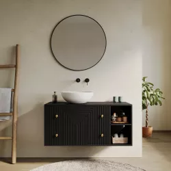 Mobile bagno portalavabo 100 cm con cassetti e vani a giorno in legno di mango effetto cannettato nero - Dunkel