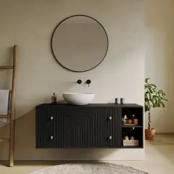 Mobile bagno portalavabo 120 cm con cassetti e vani a giorno in legno di mango effetto cannettato nero - Dunkel