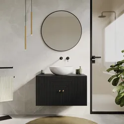 Mobile bagno portalavabo 80 cm con ante in legno di mango effetto cannettato nero - Dunkel