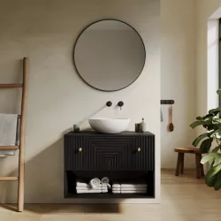 Mobile bagno portalavabo 80 cm con cassetto e vano a giorno in legno di mango effetto cannettato nero - Dunkel