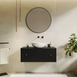 Mobile bagno portalavabo 90 cm con cassetto in legno di mango effetto cannettato nero - Dunkel