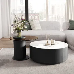 Set 2 tavolini con top in vetro nero e ceramica effetto marmo bianco e 1 cassetto - Maribel