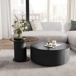 Set 2 tavolini 80 cm e 60 cm con top in vetro e ceramica effetto marmo nero e 1 cassetto - Maribel