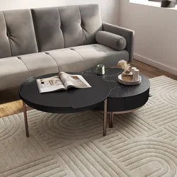 Set 2 tavolini tondi 70 cm e 71 cm top in ceramica grigio e nero con cassetto e struttura oro rosa - Saddle