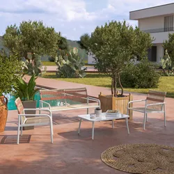 Set relax divano 2 poltrone e tavolino in acciaio e corda beige con dettagli salmone - Shubar