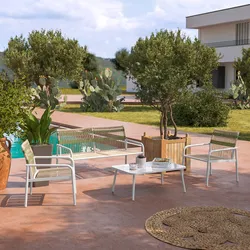 Set relax divano 2 poltrone e tavolino in acciaio e corda beige con dettagli verde - Shubar
