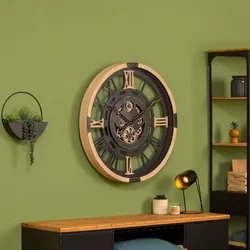 Orologio da parete rotondo 50 cm in legno naturale ed effetto metallo nero e oro
