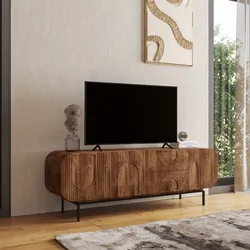 Mobile porta tv 160x55h cm in legno di mango cannettato miele con 3 ante e 2 cassetti - Mahika Round