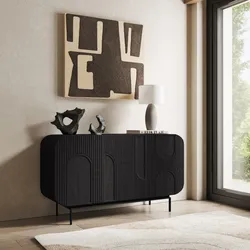 Madia 135x80h cm in legno di mango cannettato mango nero con 3 ante - Mahika Round