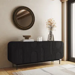 Madia 175x80h cm in legno di mango cannettato nero con 4 ante - Mahika Round