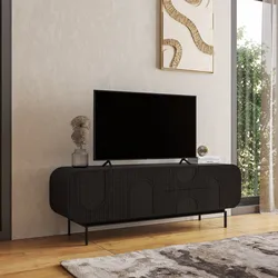 Mobile porta tv 160x55h cm in legno di mango cannettato nero con 3 ante e 2 cassetti - Mahika Round