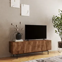 Mobile porta tv 160x55h cm in legno di mango cannettato miele con 3 ante e 2 cassetti - Mahika