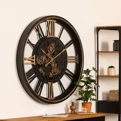Orologio da parete rotondo 110 cm in acciaio nero e oro fantasia mappamondo
