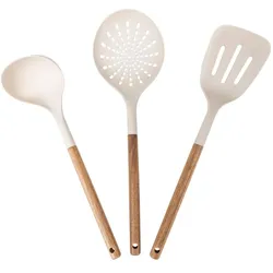 Set 3 utensili da cucina 32h cm in legno di acacia naturale e bianco