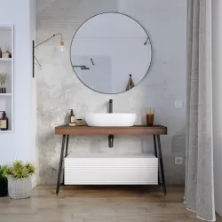 Mobile bagno a terra 120 cm rovere londra con cassettone bianco opaco e specchio - Astol