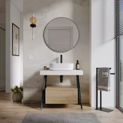 Mobile bagno a terra 80 cm bianco opaco con cassettone rovere vienna e specchio - Astol