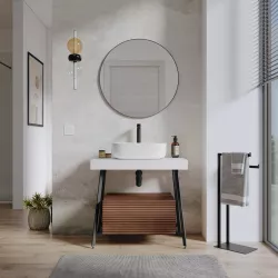 Mobile bagno a terra 80 cm bianco opaco con cassettone rovere londra e specchio - Astol