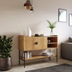 Credenza 120x87h cm con 2 ante soft close rovere chiaro e gambe in metallo nero - Ozma