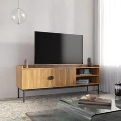Mobile porta tv 150x56h cm con 2 ante soft close rovere chiaro e gambe in metallo nero - Ozma