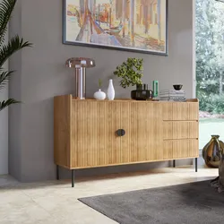 Madia 150x80h cm con 2 ante e 3 cassetti soft close rovere chiaro e gambe in metallo nero - Ozma