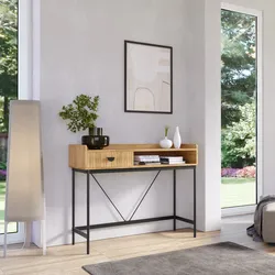 Consolle 110x85h cm con 1 cassetto soft close rovere chiaro e gambe in metallo nero - Ozma