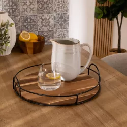 Vassoio rotondo 34 cm in metallo nero e legno naturale