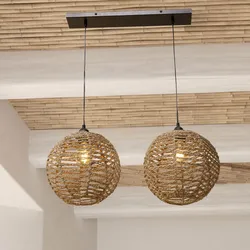 Lampada sospesa doppio paralume 26 cm intrecciata in rattan naturale