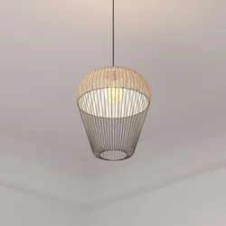 Lampada sospesa rotonda 31 cm in rattan naturale e metallo nero